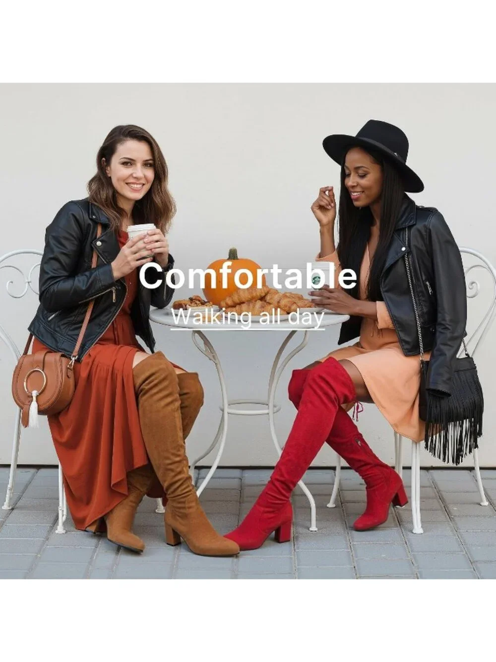 Women's Camel Chunky Heel Round Toe Side Zipper Over The Knee Thigh High Boots